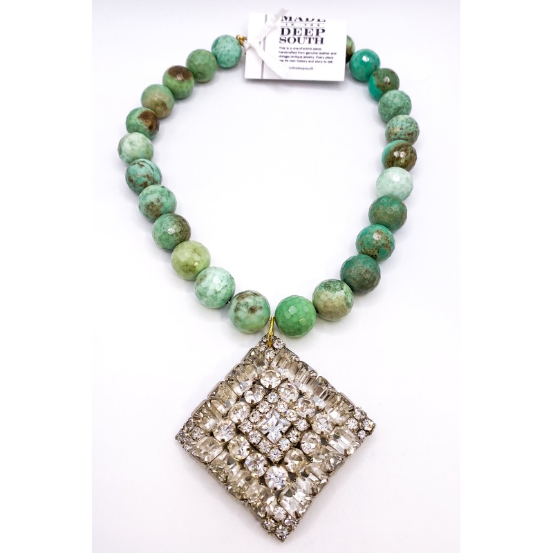 1950s Brooch 1960s Green Opal Bead Necklace | Made In The Deep South