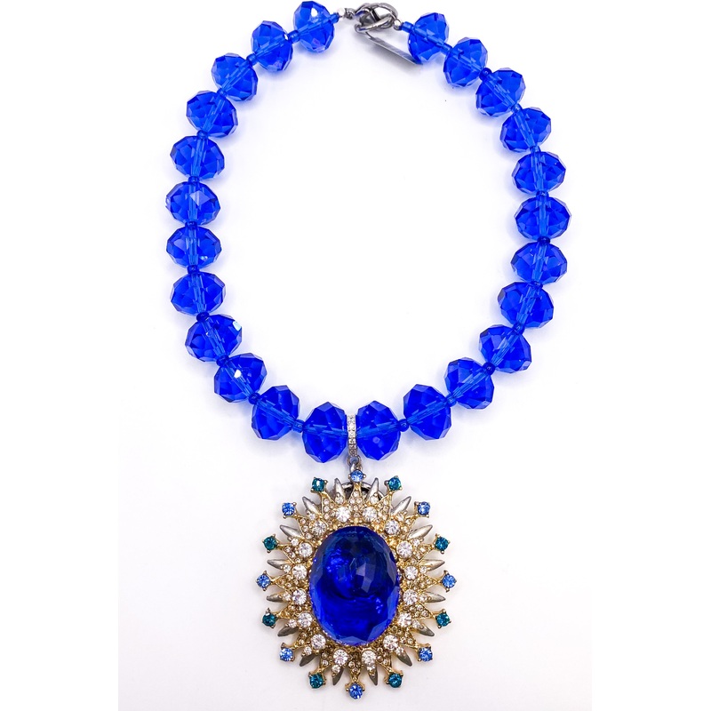 Blue Tourmaline + Crystal Vintage Brooch Necklace | Rockstar In Rome