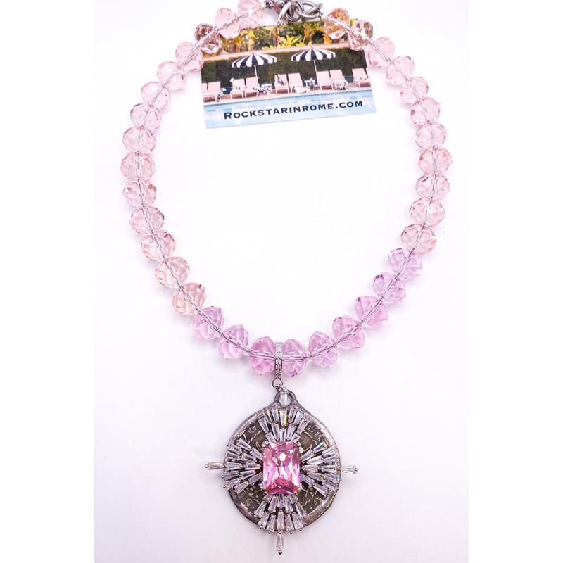 Pink & White Quartz Cross Chandelier Crystal Necklace | Rockstar In Rome