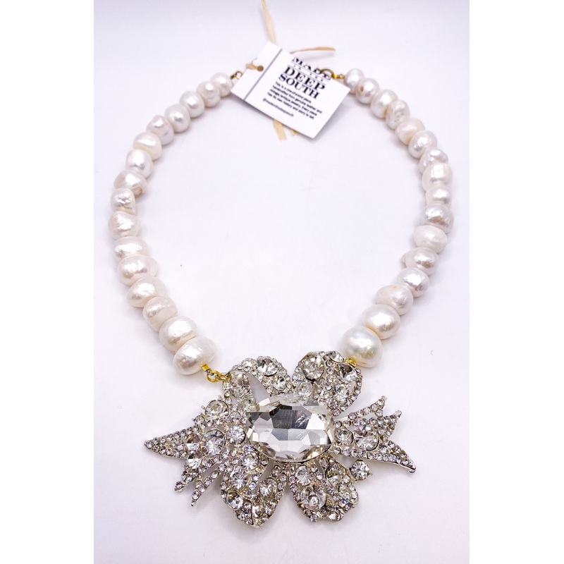 1980s Bow Brooch Cotton Ball Pearl Necklace | Made In The Deep South