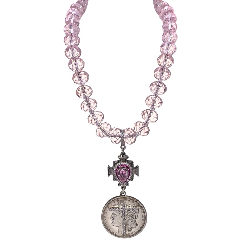 Pink Tourmaline Coin Cross Chandelier Necklace | Rockstar In Rome