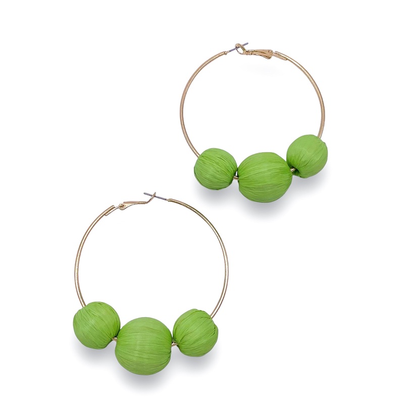 Raffia Ball & Wire Metal Hoops – Lime Green – FINAL SALE
