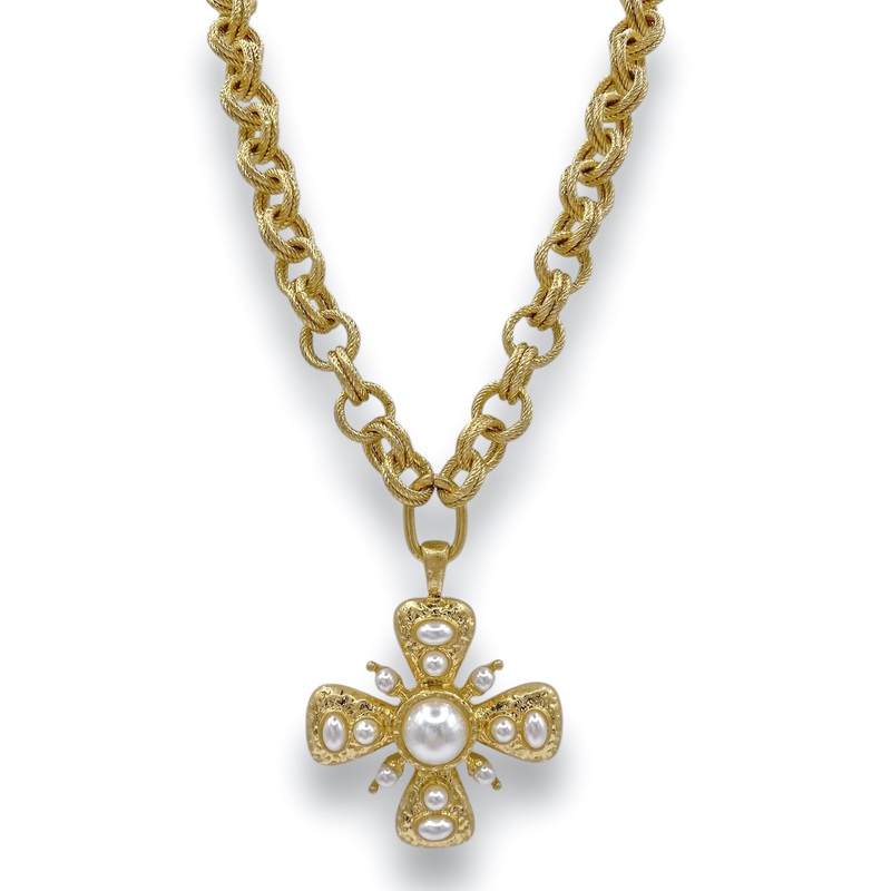 All The Praise Gold Pearl Cross Necklace