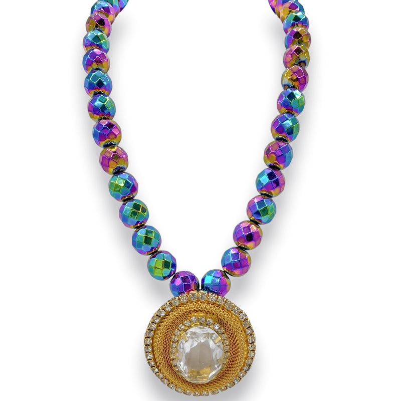 Made In The Deep South 1960s Brooch 1970s Rainbow Hematite Necklace