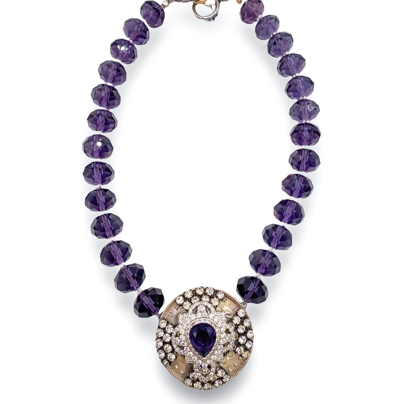 Rockstar In Rome 60s Amethyst Crystal Cross Brooch Chandelier Crystal Necklace