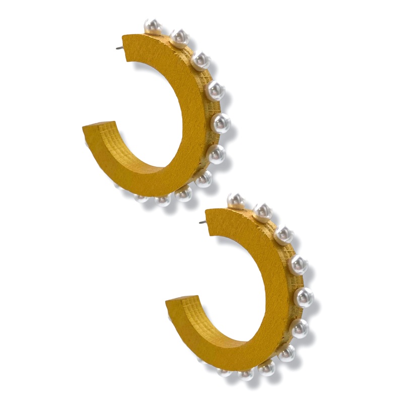 Wendy Wooden Hoop Earrings|Gold/Cream