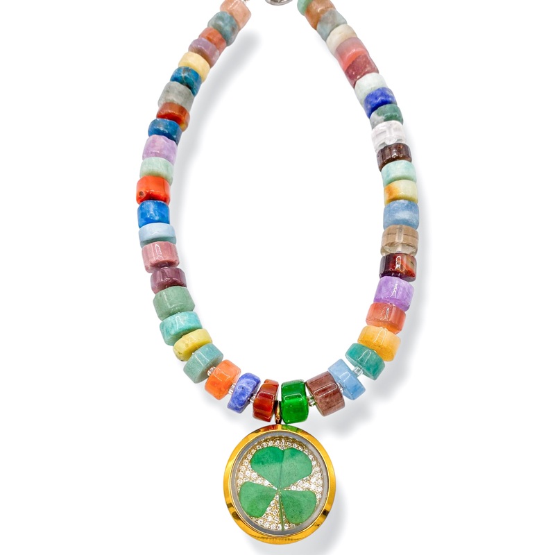 Rockstar In Rome Clover Pendant White Topaz Genuine Gemstone Necklace