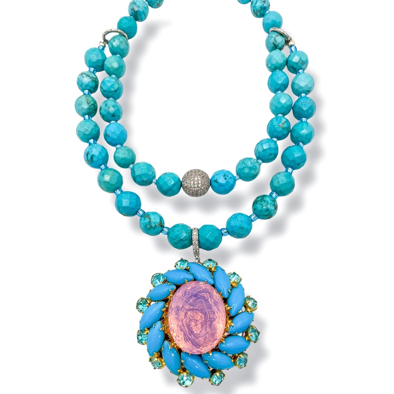 Rockstar In Rome Pink Opal Brooch Vintage Turquoise Bead Necklace