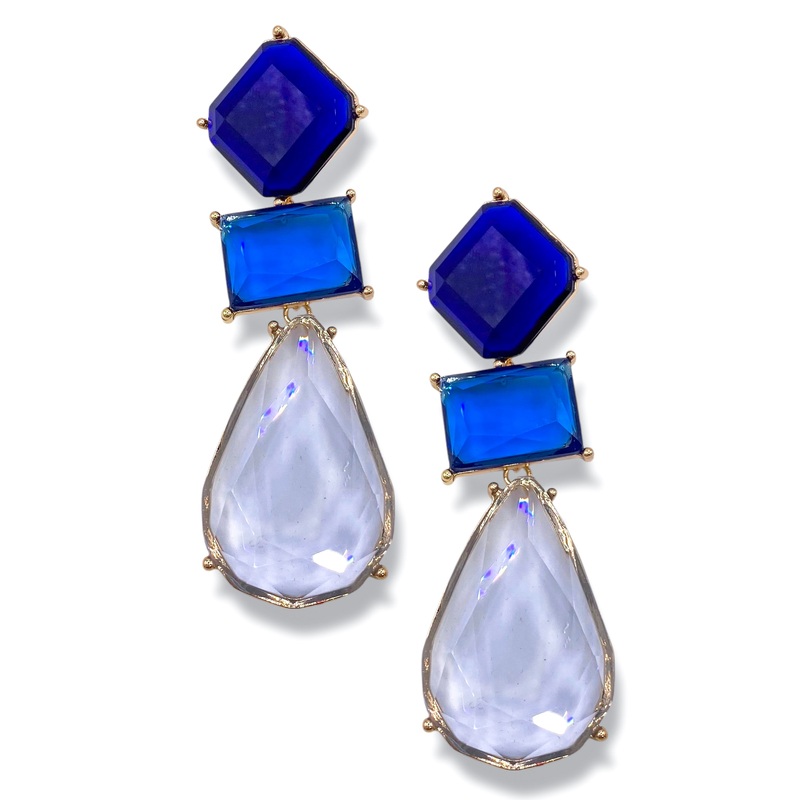 Geometric Blue Drop Post Back Earrings