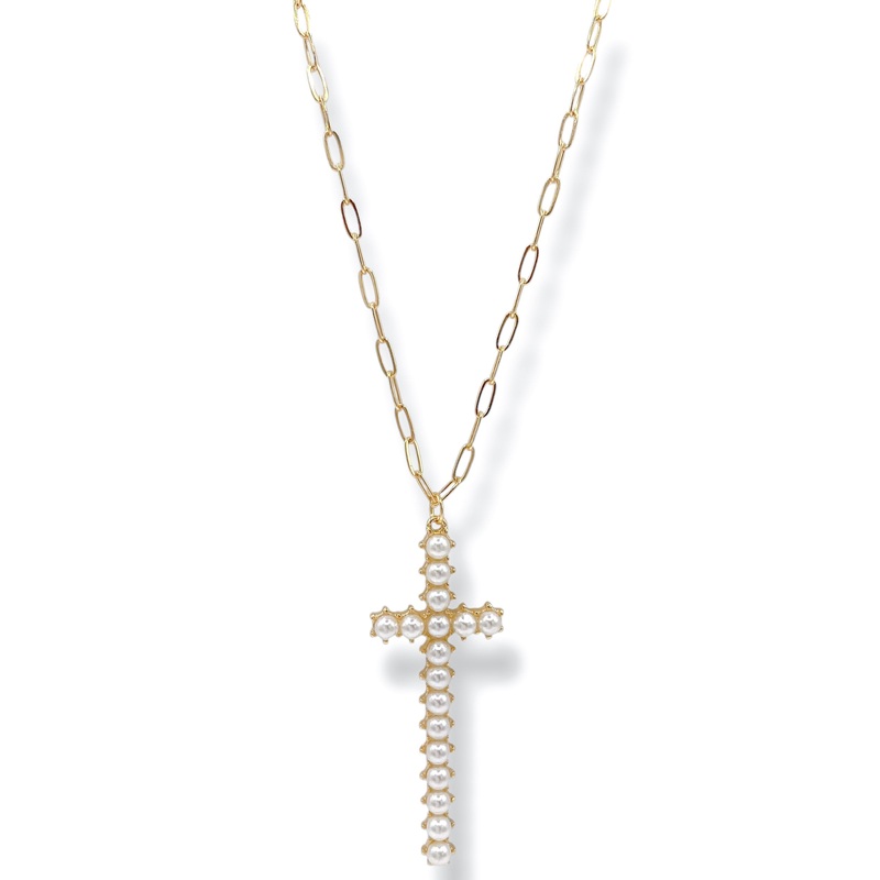 Leah Pearl Cross Necklace|Cream/Gold