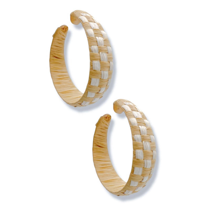 Double Check Raffia Checked Pattern Hoop Earrings