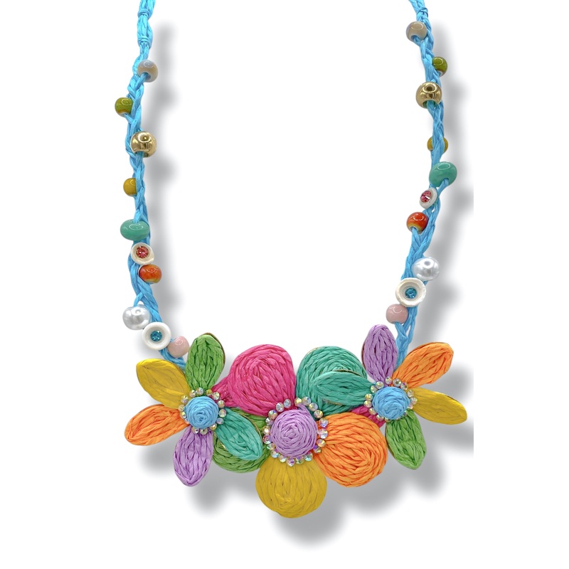 Krissy Raffia Flower & Bead Braided Necklace