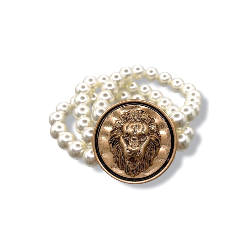 Lion Pearl Bracelet|Cream/Worn Gold