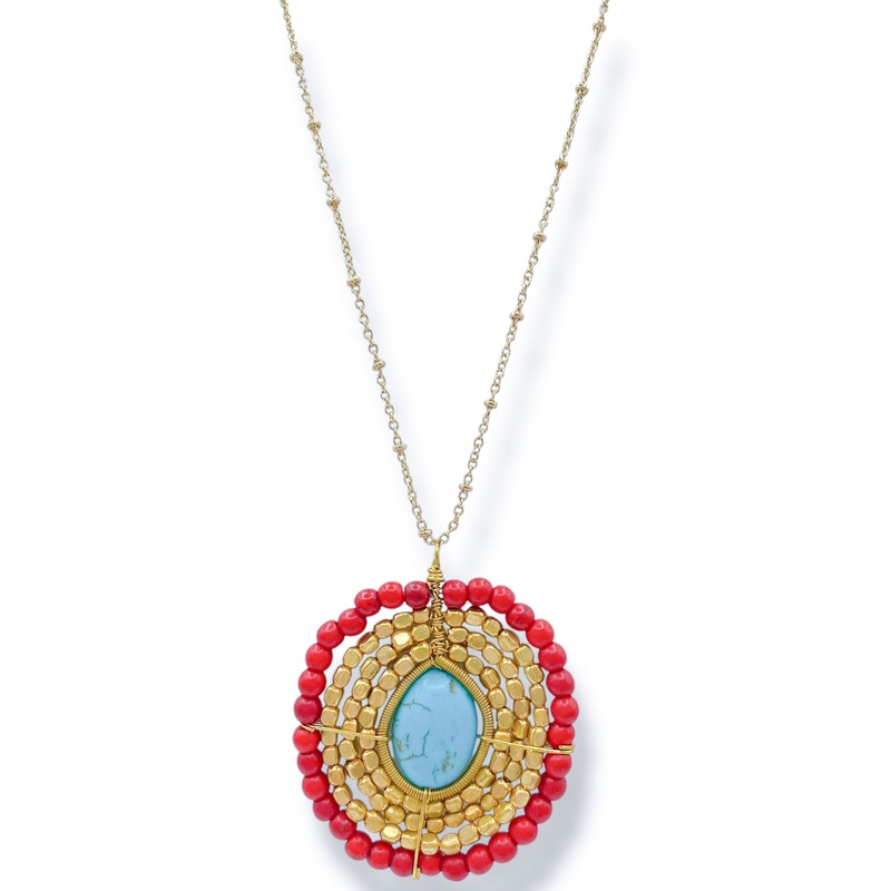 Moxie Beaded Pendant Necklace|Red/Turquoise
