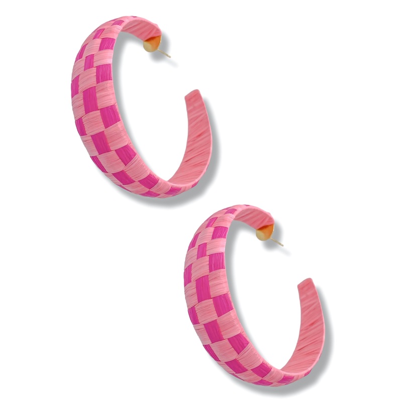 Double Check Pink Raffia Checked Pattern Hoop Earrings – FINAL SALE