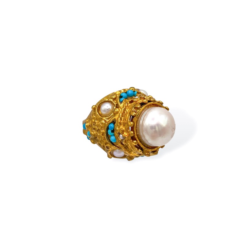 Made in the Deep South 1970s Turquoise & Pearl Ring Sz 8