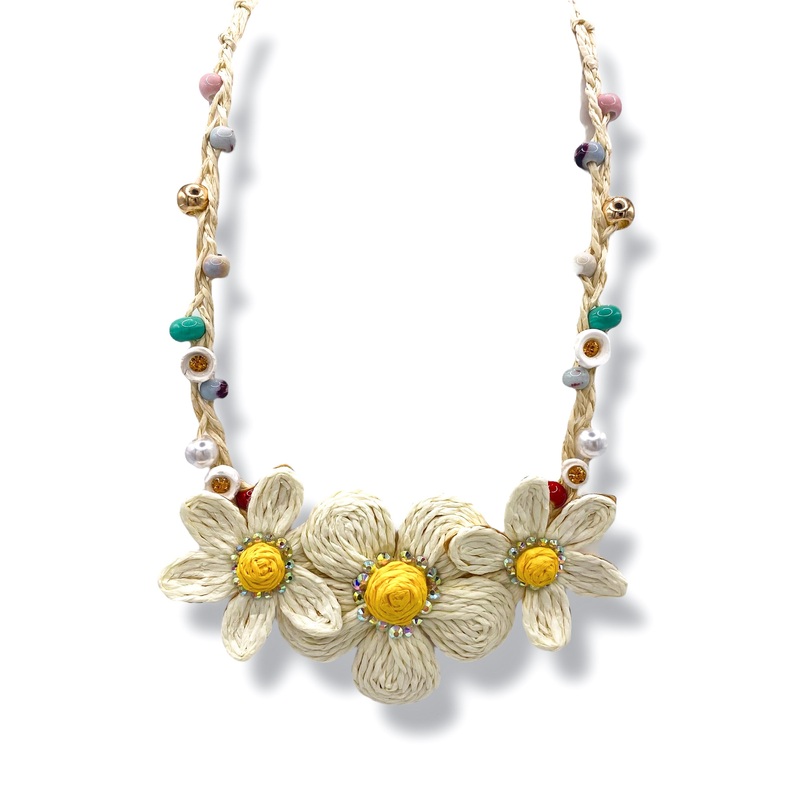 Krissy Ivory Raffia Flower & Bead Braided Necklace