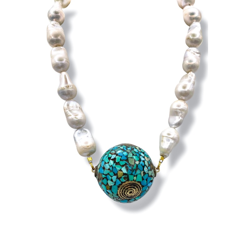 Made In The Deep South 1960s Turquoise & Brass Pendant Baroque Pearl Necklace