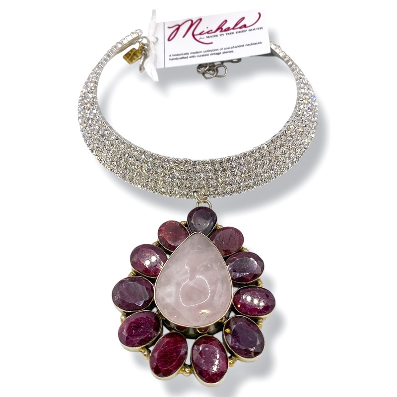 Made In The Deep South 1970s Rose Quartz & Ruby 1970s Collar Necklace