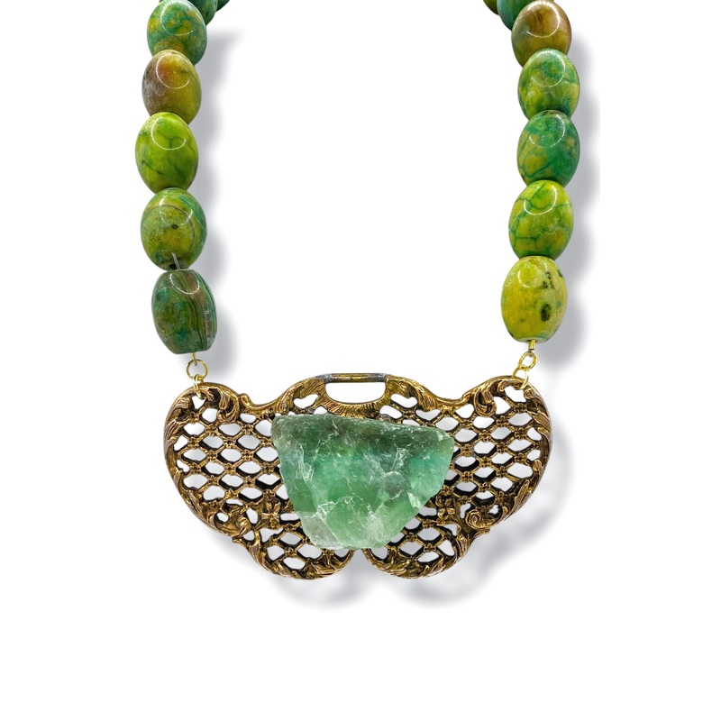 Made In The Deep South 1960s Sash Buckkle Calcite Stone Tibetan Bead Necklace