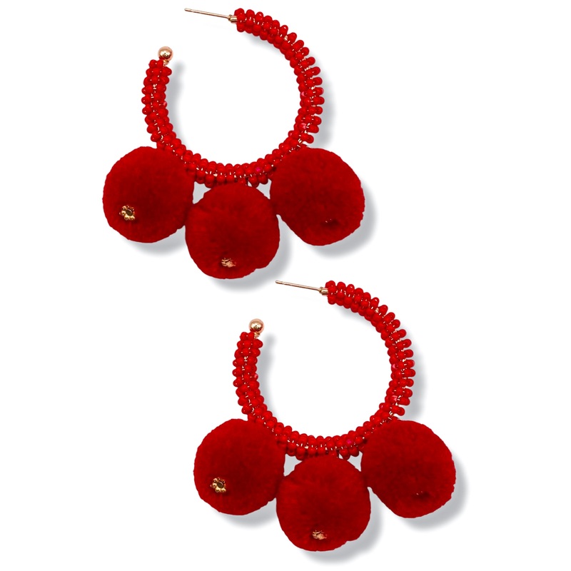 Red Hot Pom Pom Hoop Earrings *Final Sale*