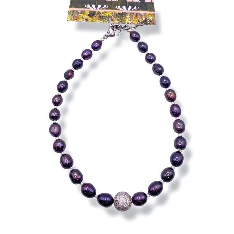 Rockstar In Rome Freshwater Peacock Pearls Pave Ball Necklace