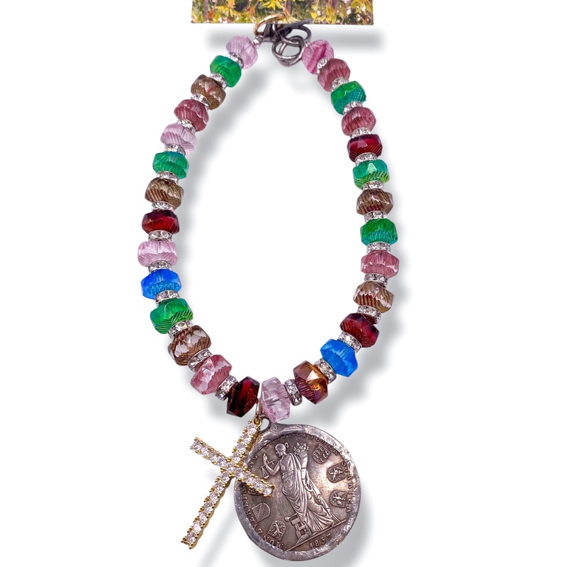 Rockstar In Rome Italian Glass Beads Pave Spacers Gold Plated Cross Necklace