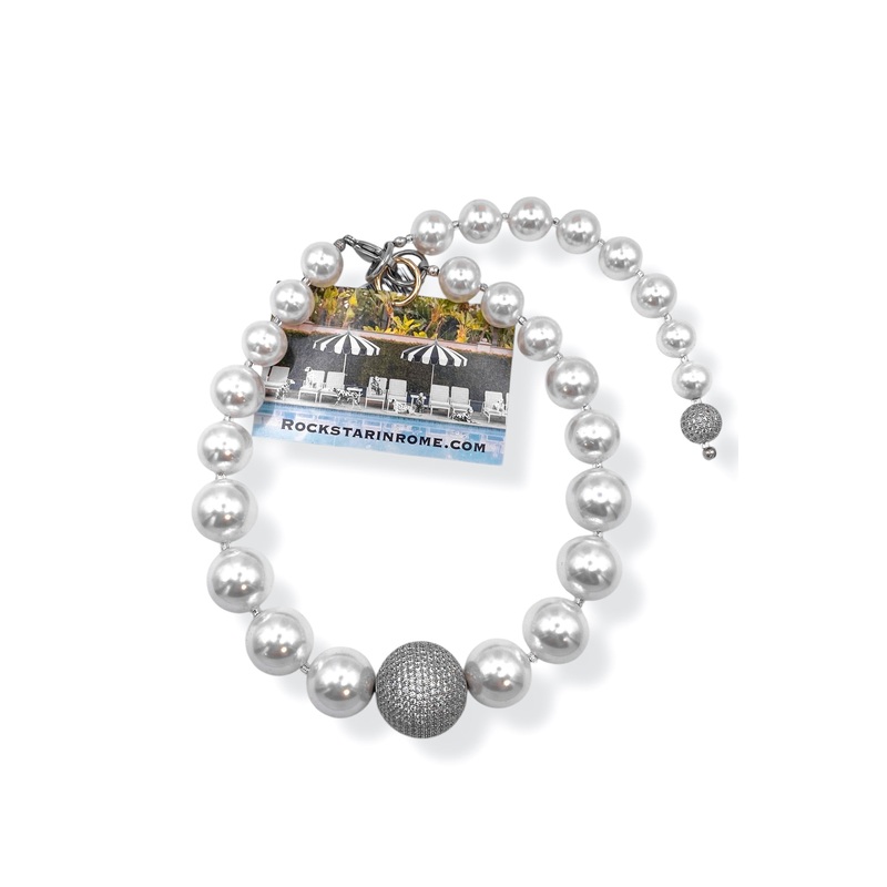 Rockstar In Rome Italian Glass Pearls XL Pave Ball Necklace