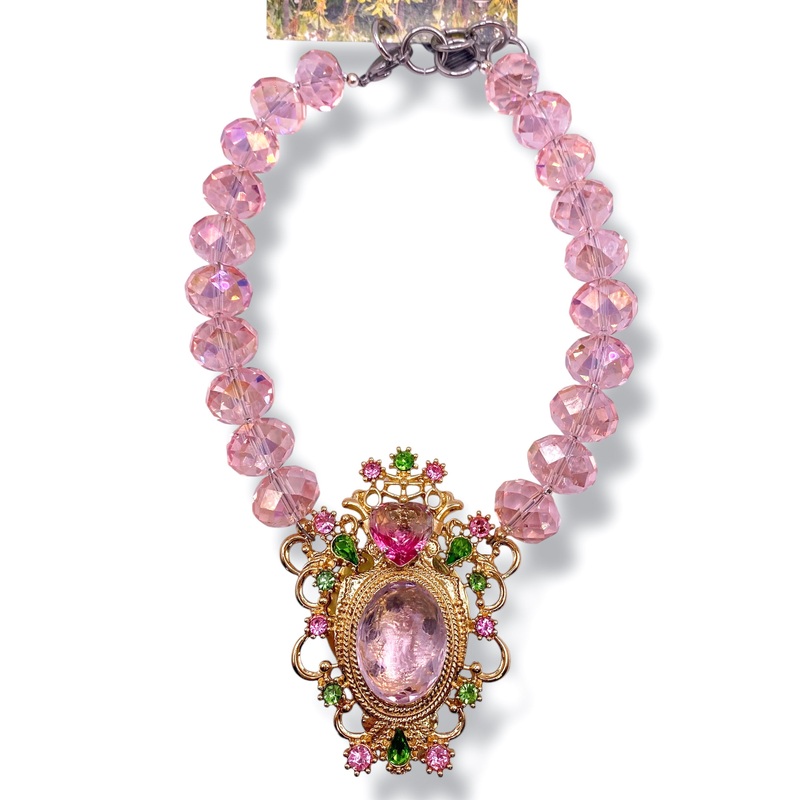 Rockstar In Rome Pink Topaz/Tourmaline Brooch Chandelier Crystal Necklace
