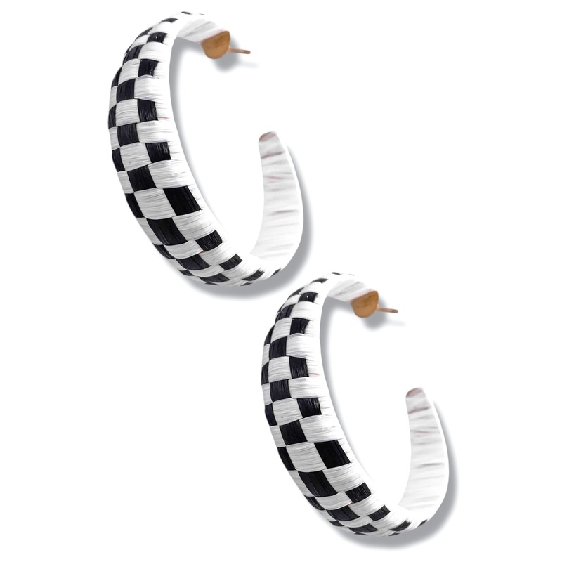 Double Check White/Black Raffia Checked Pattern Hoop Earrings *Final Sale*