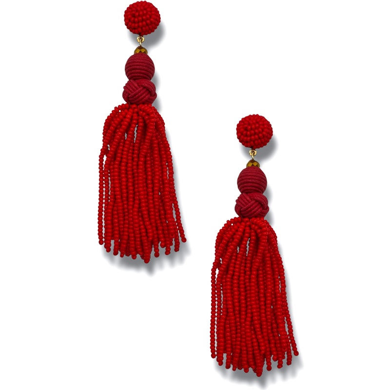 Tessy Beaded Tassel Earrings|Red