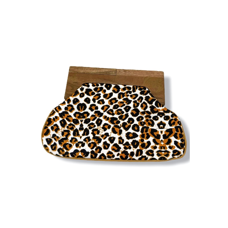 The Other Side White Leopard Wood Frame Clutch
