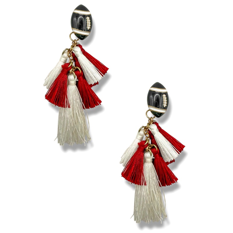 Football Fever Red and White Tassel Earrings