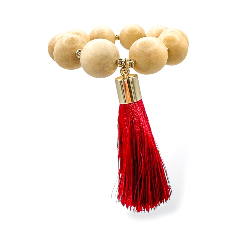 See Me Now Wood Bead and Red Tassel Stretch Bracelet