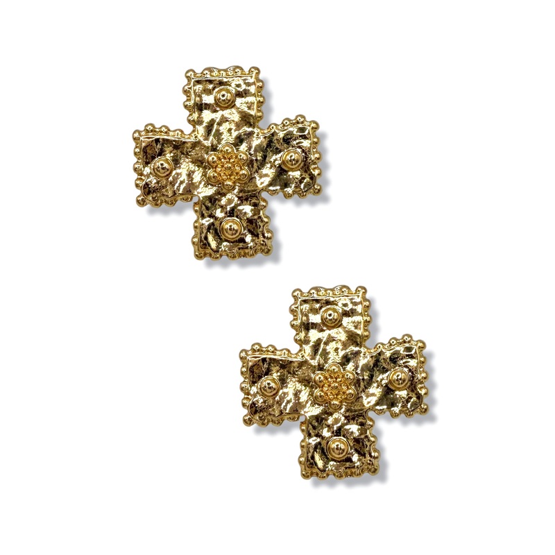 One Way Gold Cross Earrings|Cream/Gold