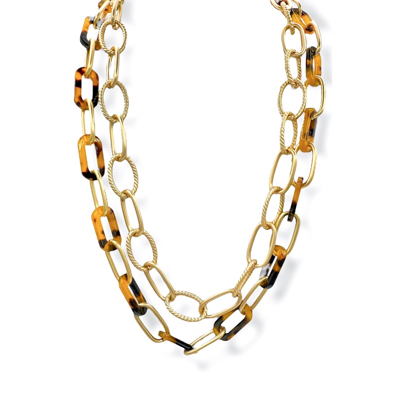 Slowly Moving Tortoise Shell and Gold Link Layered Necklace Set