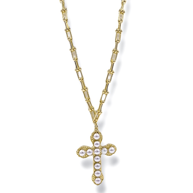 Big One Cross & Pearl Chain Link Necklace