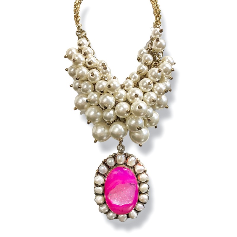 Made In The Deep South 1970s Druzy Quartz & Pearl 1970s Necklace