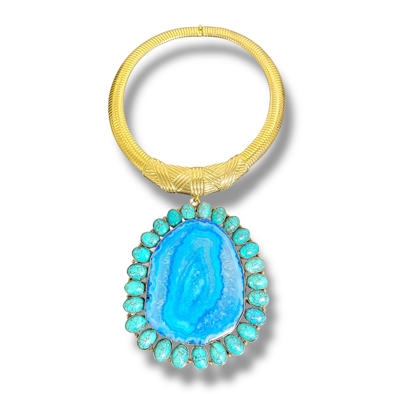 Made In The Deep South 1980s Turquoise and Agate 1970s Choker Necklace