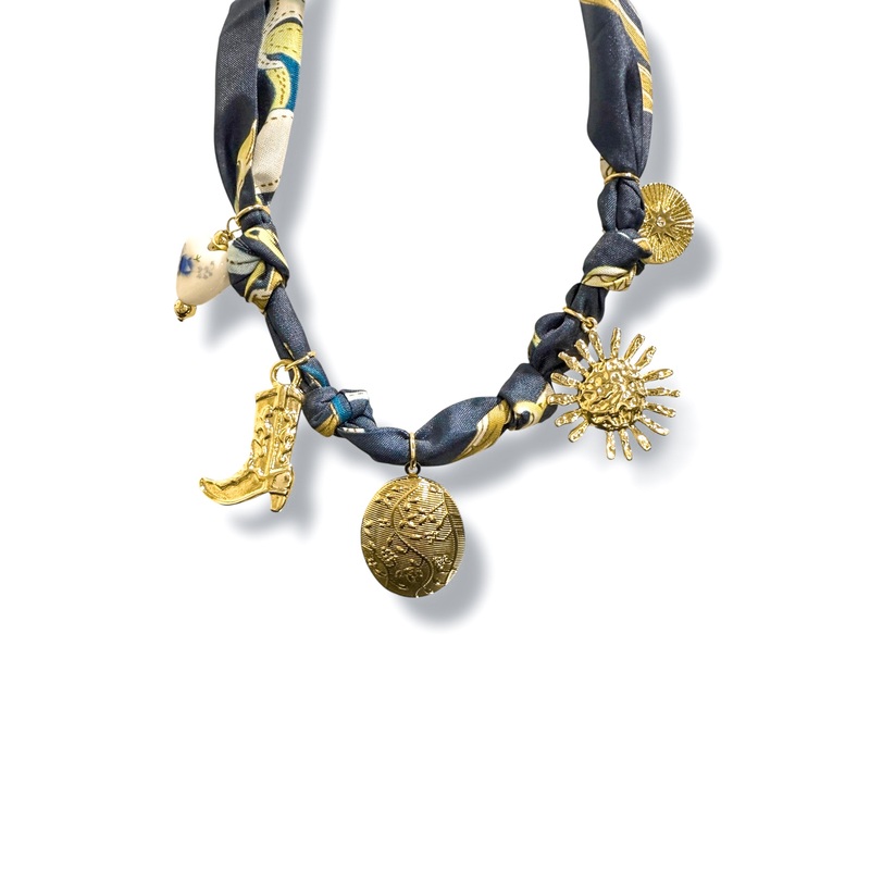 Walkin’ Boots Gold Charm Navy Scarf Necklace