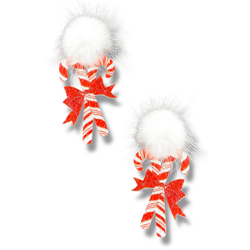 Candy Cane Lane Red and White PomPom and Candy Cane Drop Earrings