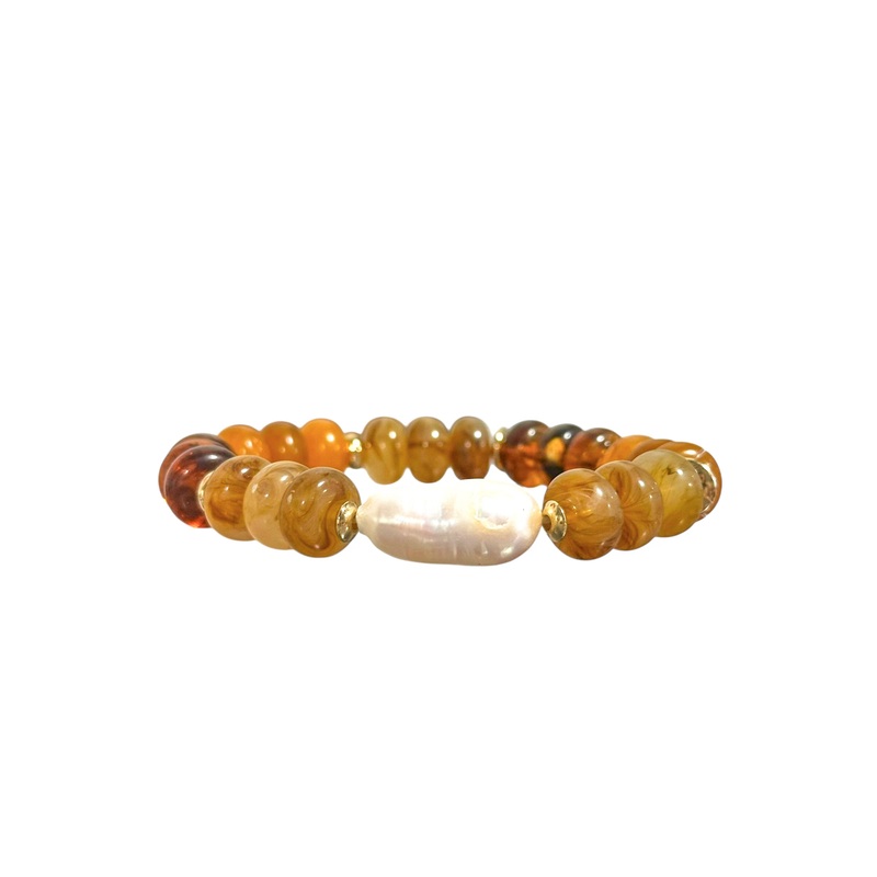 Deep Dive Pearl and Light Brown Marble Stretch Bracelet