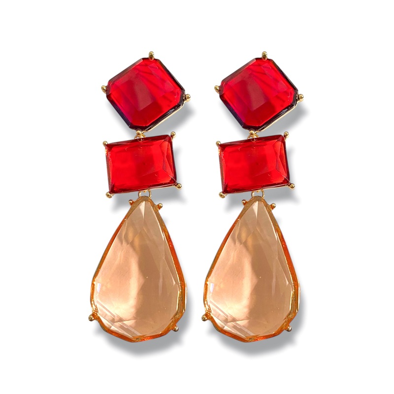 Geometric Red Drop Post Back Earrings