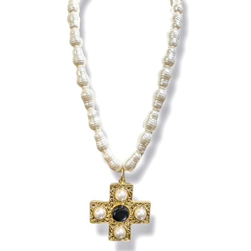 Bethany Pearl and Gold Cross Pendant Statement Necklace