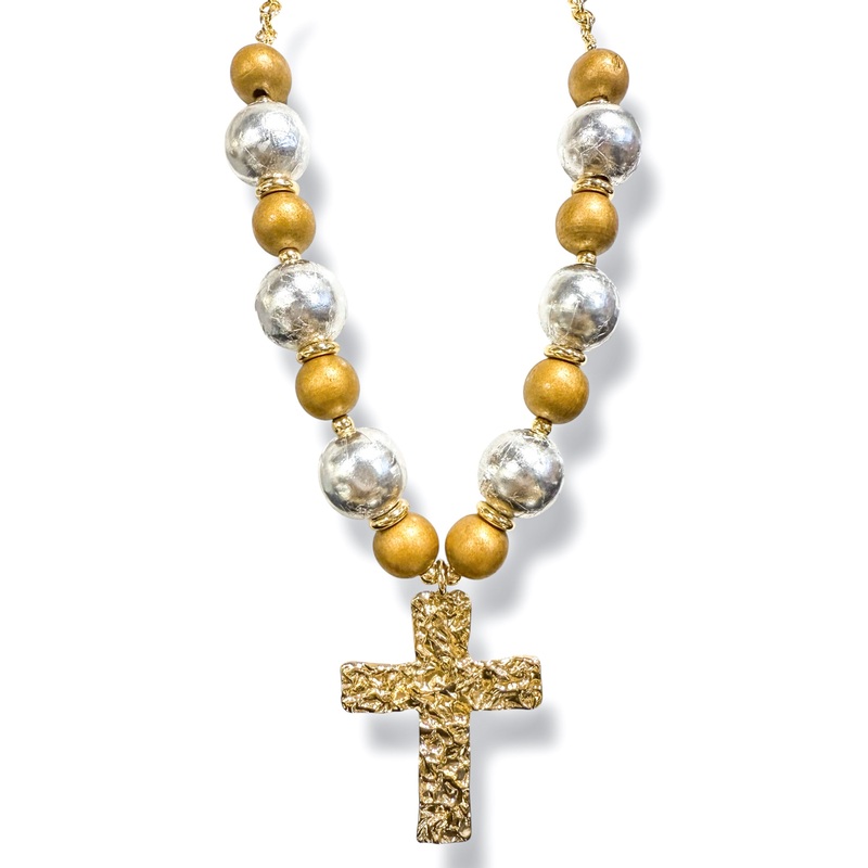 Feeling New Brown and Gold Cross Wood Ball Necklace
