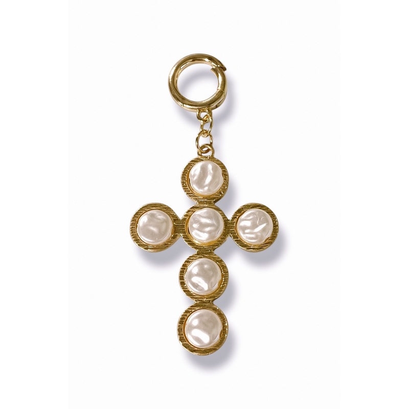 Cross Pearl Charm & Pendant|Cream/Worn Gold