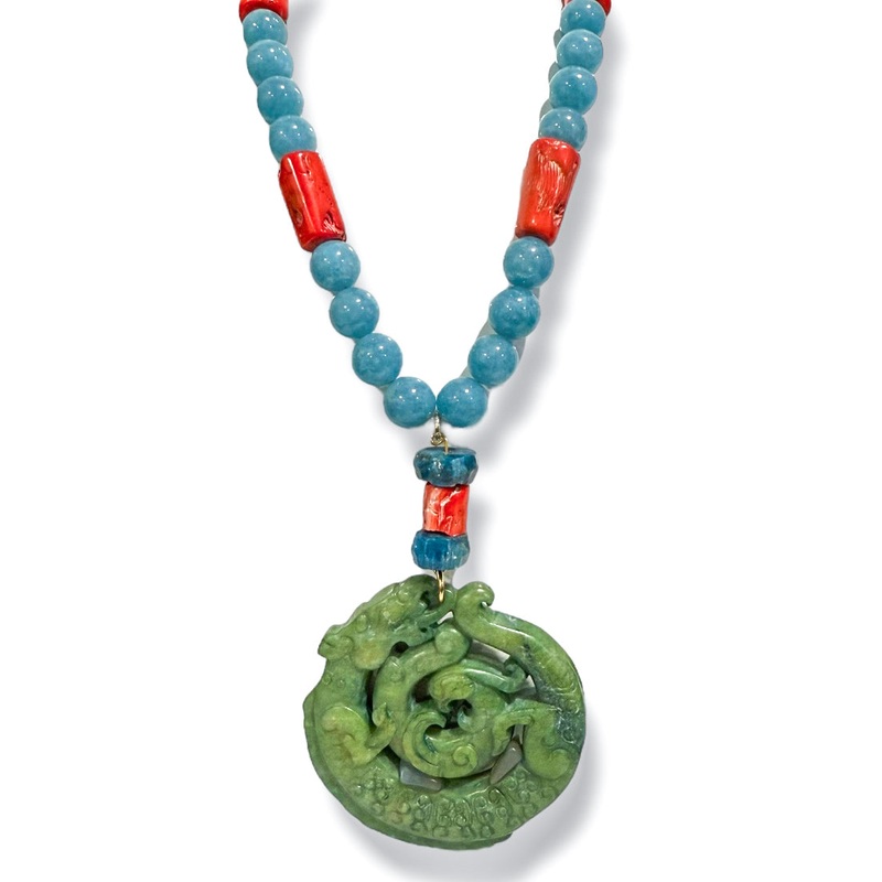 Made in the Deep South 1960s Dragon Pendant 1960s Blue Jade & Coral Necklace