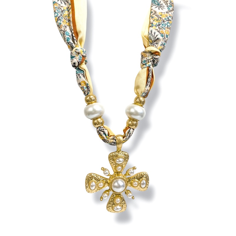 Right Decision Pearl Cross Pendant Scarf Necklace