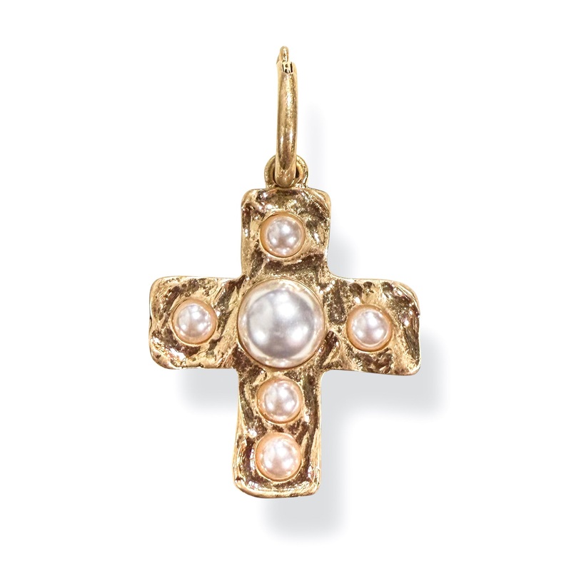 My Time Gold Pave Pearl Cross Charm Pendant