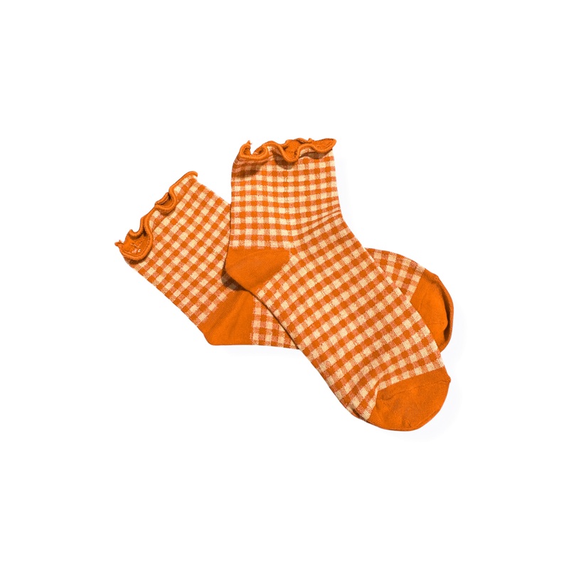 By the Fireplace Orange Gingham Ruffle Ankle Socks